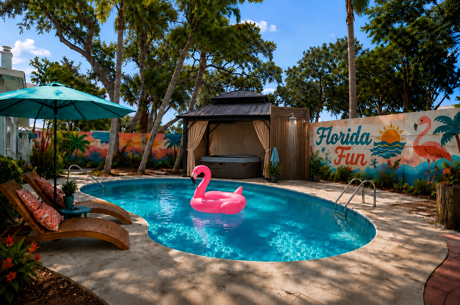 Private pool with flamingo float and The Pink Flamingo Resort mural