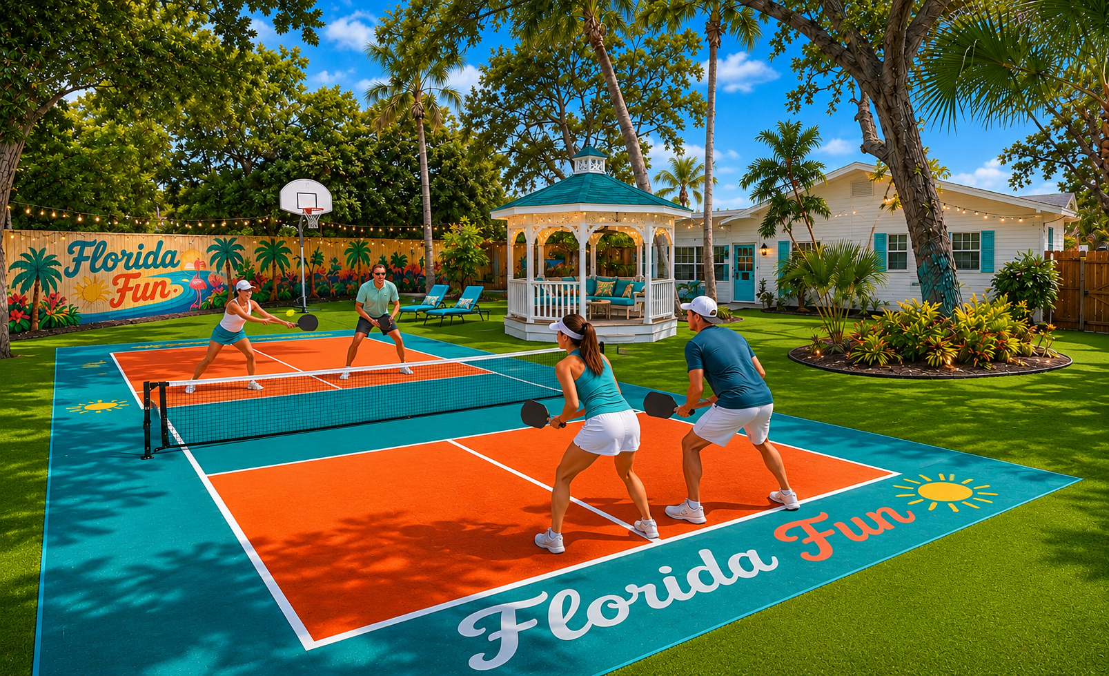 Private pickleball court branded The Pink Flamingo Resort